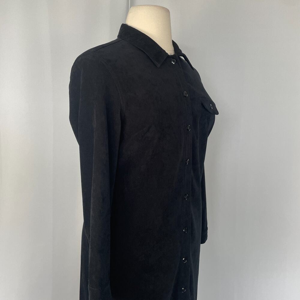 Vintage Maxi Dress Size 16 Black Solid Shirt Button Faux Suede Minimal Goth - Picture 3 of 12